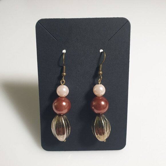 Handmade Donovan Earrings Pearl Bead Gold Accent Dangle Hook 2.5 Inch Gift Work - Picture 1 of 4
